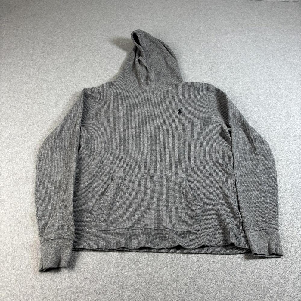 Polo Ralph Lauren Hoodie Men Large Gray Waffle Knit Pullover Heritage Academia